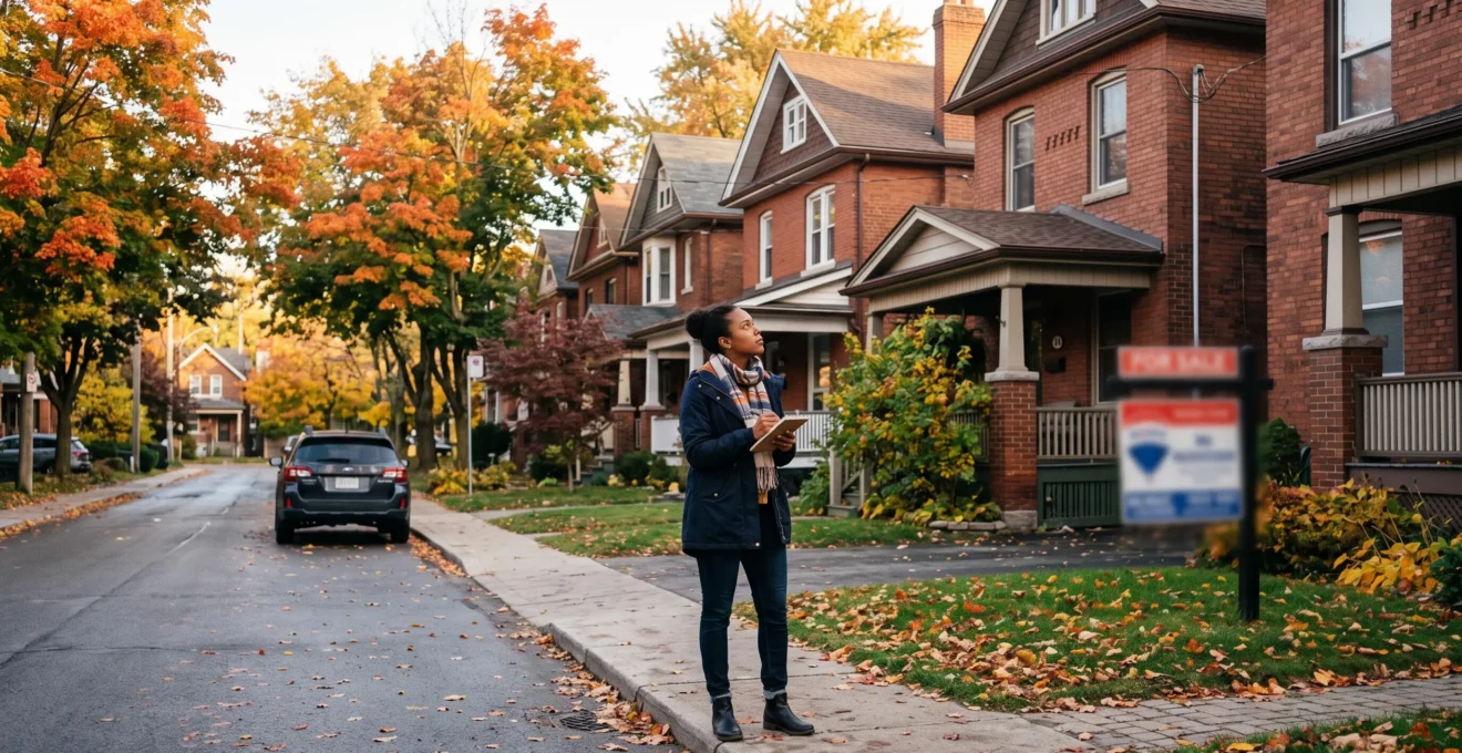 Un acheteur debout sur une rue résidentielle canadienne borde des maisons en brique, carnet à la main, comparant les propriétés devant lui.