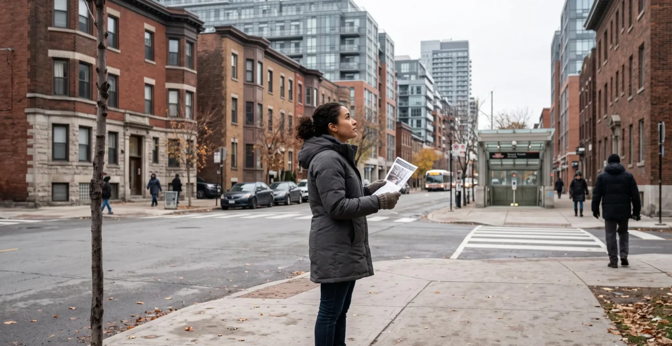 Une personne consulte une annonce immobilière imprimée sur un trottoir d'un centre-ville canadien, devant des immeubles résidentiels et une entrée de station de transport en commun.
