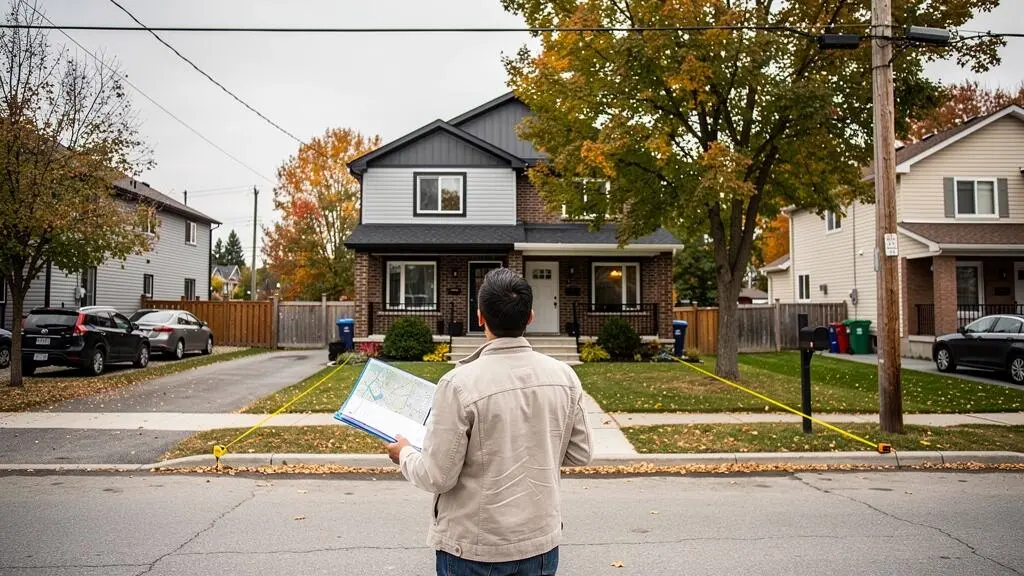 Un acheteur consulte une carte de zonage imprimée devant une maison duplex dans un quartier résidentiel canadien.