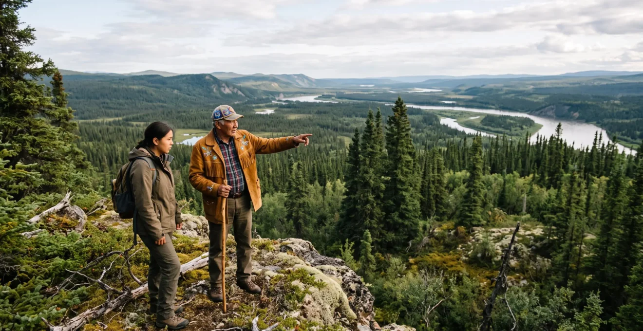 Un aîné autochtone explique un savoir traditionnel à une jeune personne dans le paysage canadien.