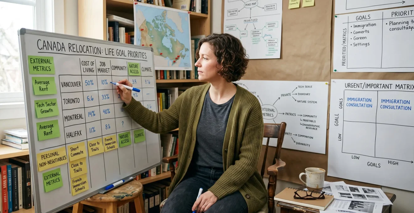 Une personne analyse et compare des critères de qualité de vie manuscrits sur un tableau blanc pour décider de son installation au Canada.