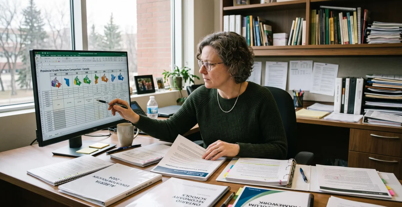 Un consultant examine des documents sur les systèmes scolaires provinciaux du Canada à un bureau.