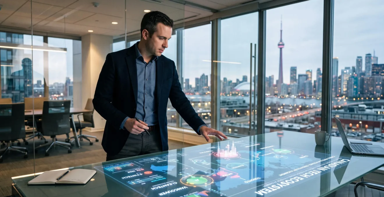 Analyste stratégique examinant une carte numérique du pôle technologique canadien sur une table de réunion moderne.