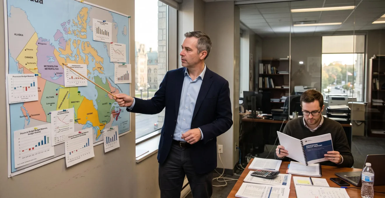 Deux analystes économiques examinent des graphiques provinciaux épinglés sur une carte du Canada dans un bureau à Ottawa.