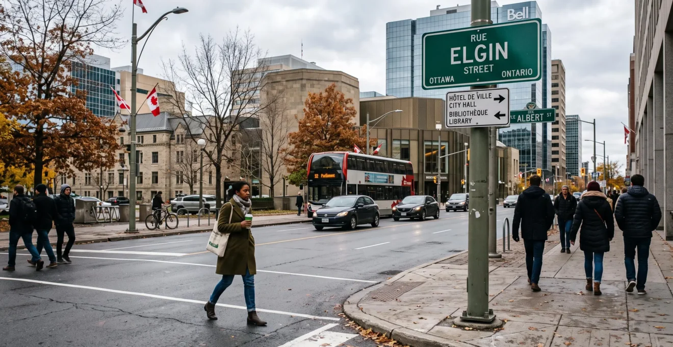Un piéton traverse un carrefour d'Ottawa-Gatineau où les panneaux de rue affichent les noms en français et en anglais.