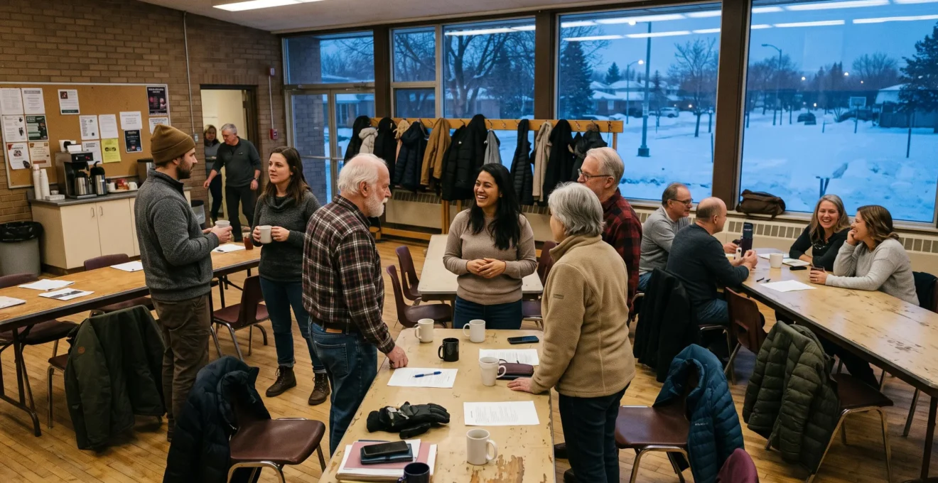 Un groupe d'adultes discute en petits cercles dans un centre communautaire canadien lors d'une activité hebdomadaire en soirée.