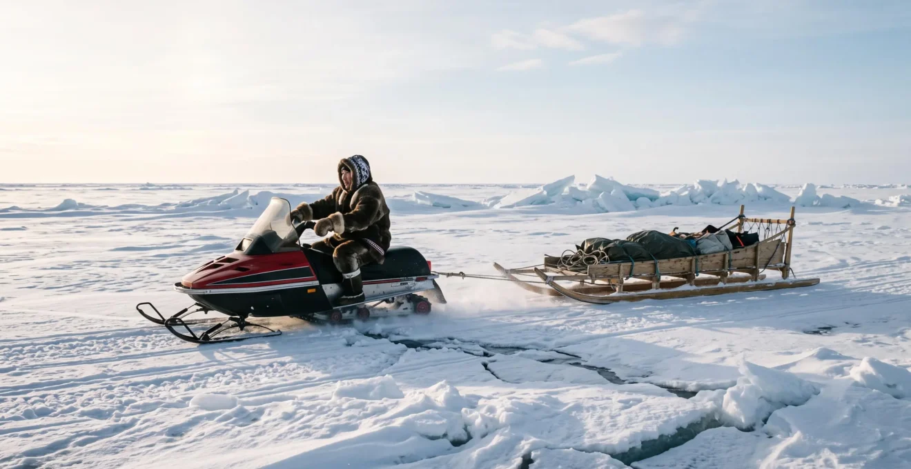 Un Inuit conduit une motoneige tirant un traîneau en bois sur la glace marine du Grand Nord canadien, sous une lumière hivernale basse.