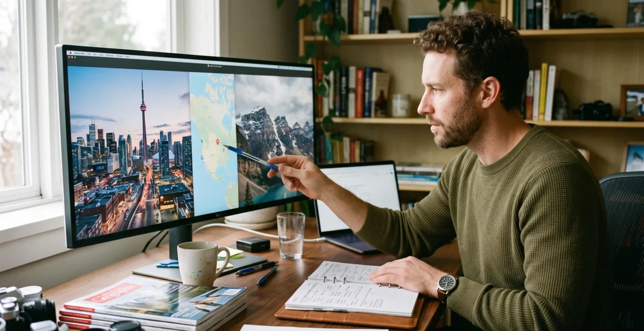 Plan large montrant une personne examinant une carte comparant des paysages urbains et naturels du Canada lors de la planification d'un voyage.