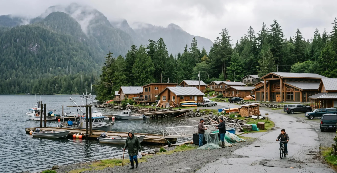 Vue large d'une communauté des Premières Nations sur la côte du Pacifique canadien, avec des habitations, un centre culturel, des bateaux de pêche et une forêt dense en arrière-plan.
