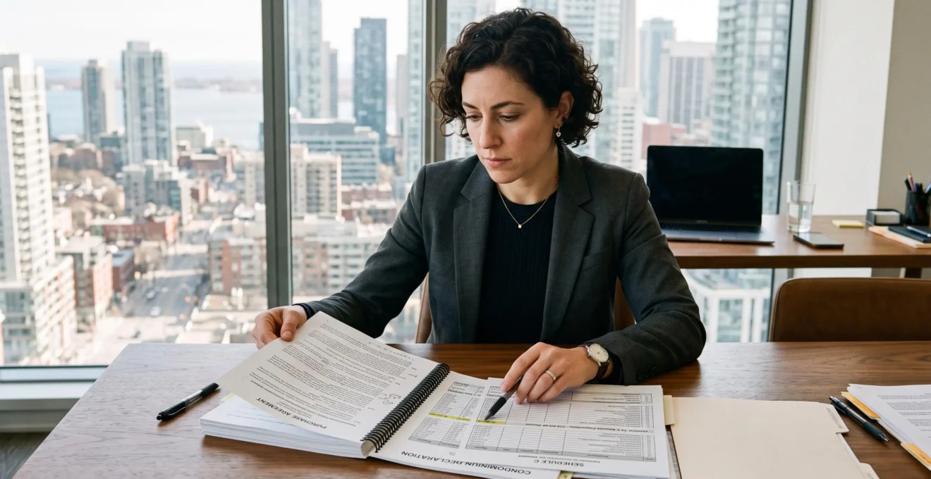 Un consultant examine des documents juridiques et financiers de copropriété dans un bureau moderne.