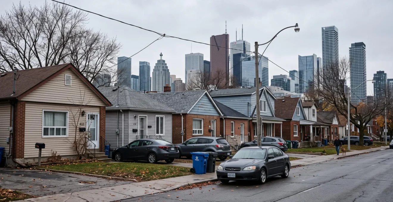 Des maisons individuelles modestes en premier plan avec les tours du centre-ville en arrière-plan dans une ville canadienne.