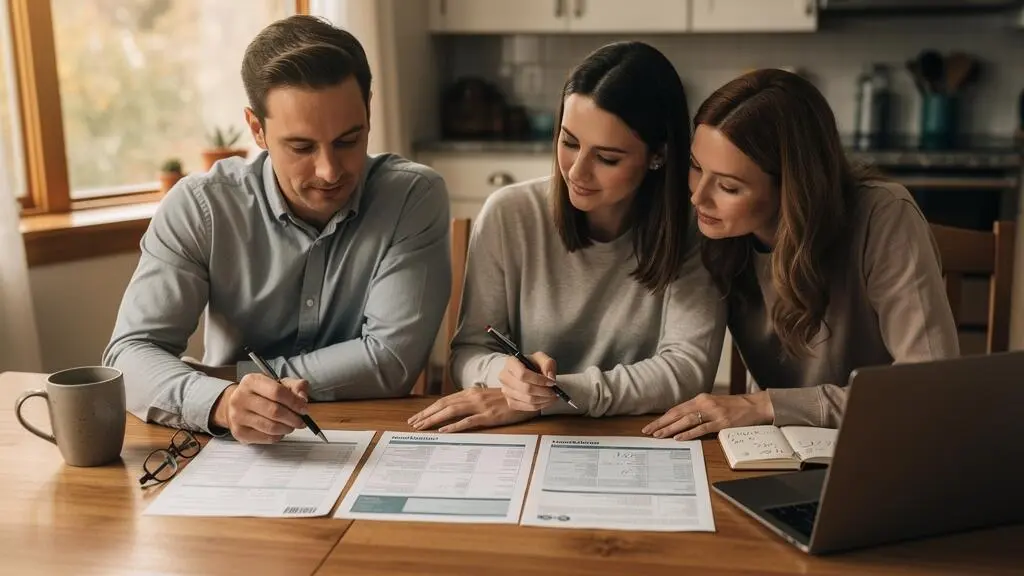 Un conseiller hypothécaire compare avec un couple plusieurs offres de prêt étalées sur une table dans une maison canadienne.