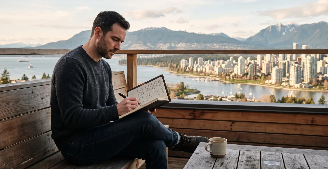 Homme examinant sur son carnet des critères de qualité de vie depuis une terrasse surplombant Vancouver.