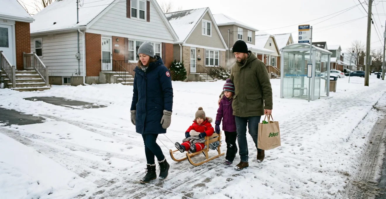 Une famille marche sur un trottoir enneigé d'un quartier résidentiel canadien en hiver, un adulte tirant un enfant sur une petite luge.