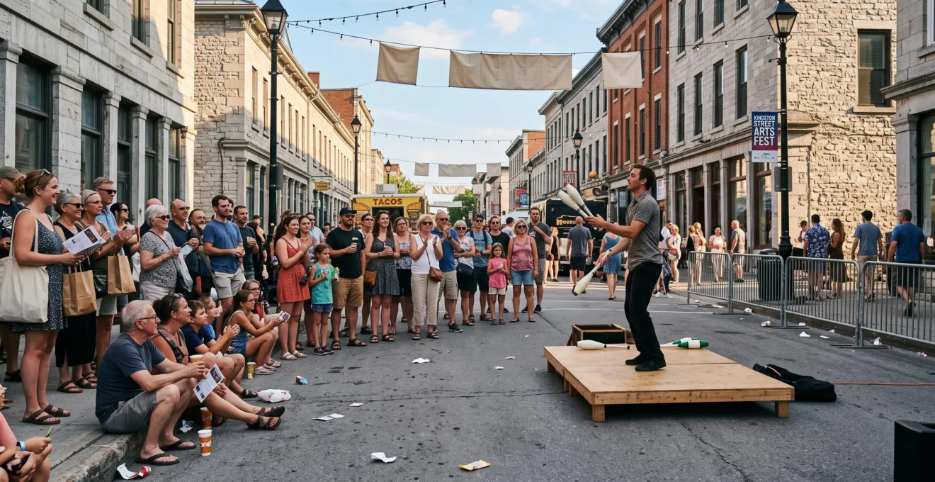 Foule de spectateurs regardant un artiste de rue lors d'un festival artistique estival dans une rue piétonne du centre-ville canadien.