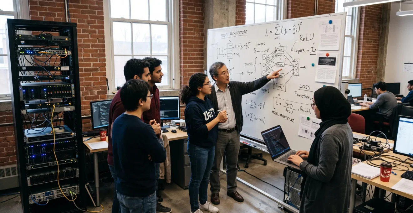 Des chercheurs en intelligence artificielle discutent devant un tableau blanc couvert de diagrammes dans un laboratoire universitaire canadien.