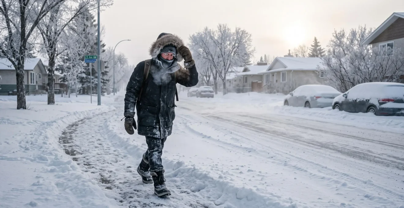 Une personne vêtue d'une parka épaisse, de mitaines et d'une cagoule marche dans la neige sur un trottoir canadien par grand froid et vent.