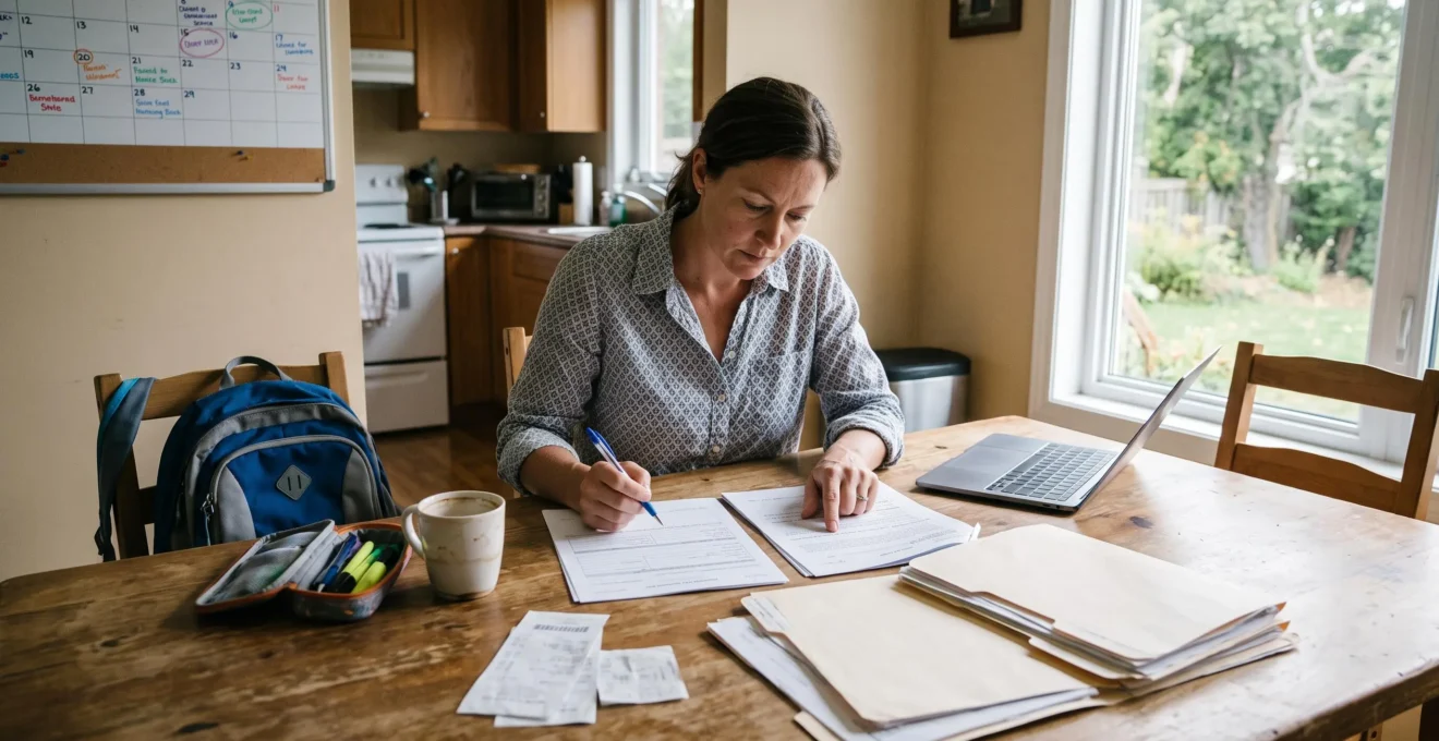 Un parent compare des documents d'inscription scolaire sur la table de la cuisine pendant la préparation d'une rentrée.