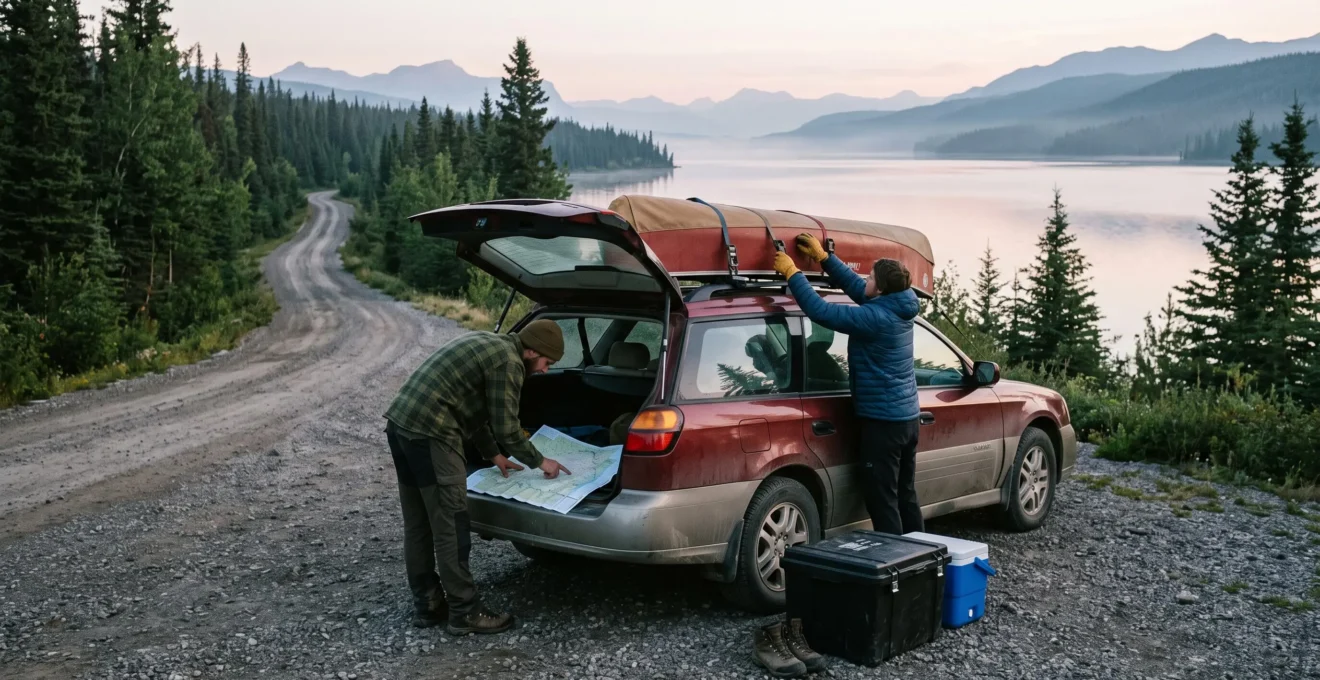 Deux voyageurs préparent leur véhicule et leur canot sur une route d'accès en gravier au bord d'un lac canadien entouré de forêt boréale.