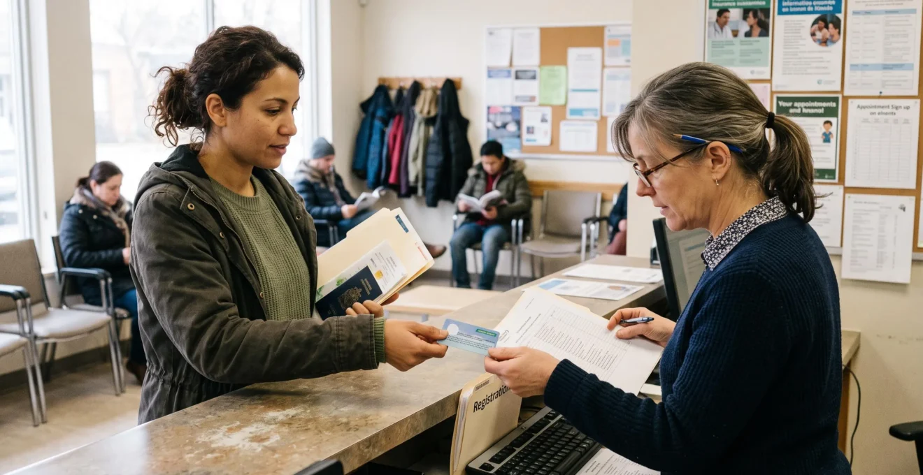 Une résidente présente sa carte d'assurance santé provinciale à la réception d'une clinique communautaire canadienne.
