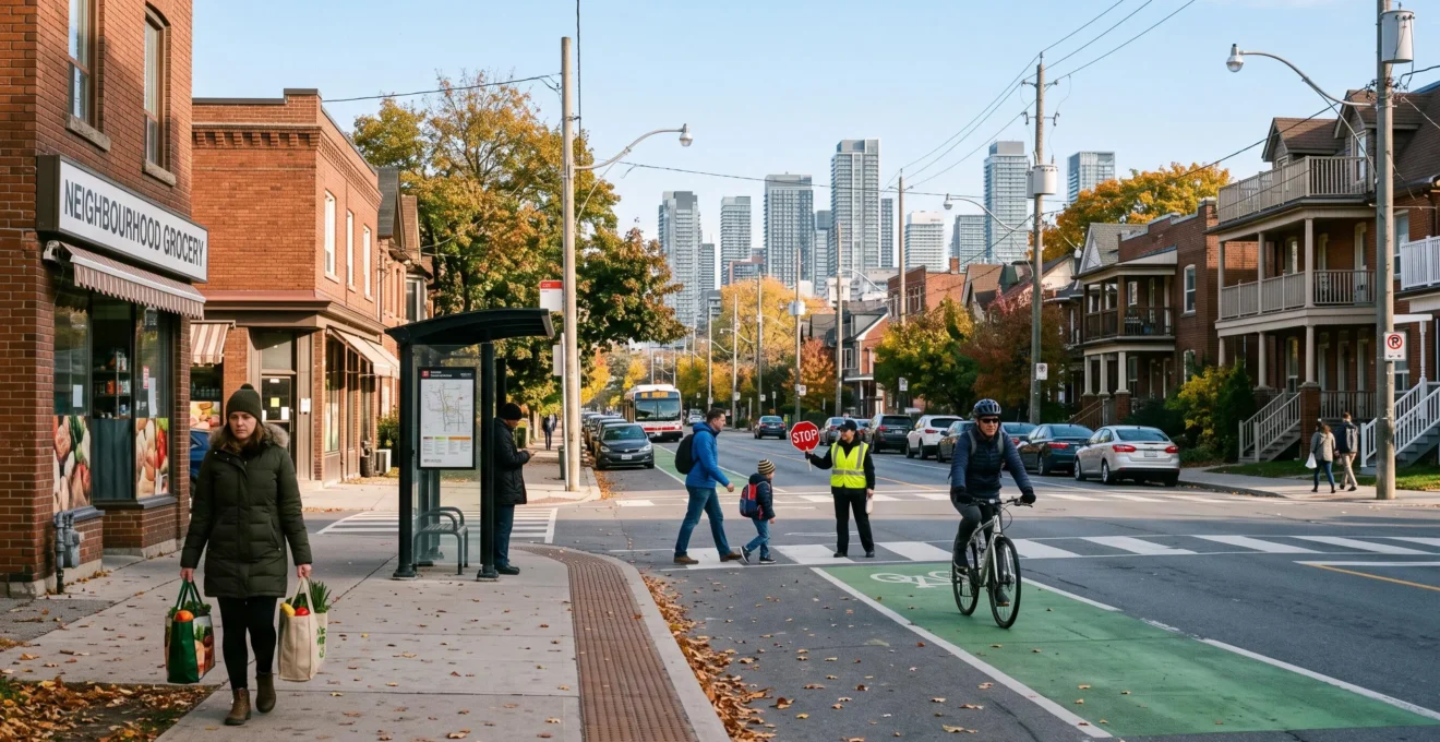 Une rue résidentielle canadienne avec épiceries de quartier, piétons et cyclistes, illustrant le quotidien d'un quartier accessible à pied.