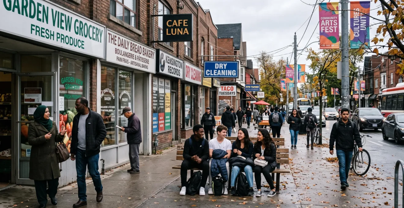 Une rue commerçante animée d'un quartier urbain canadien où des habitants d'origines diverses discutent et circulent devant des épiceries et boulangeries de quartier.