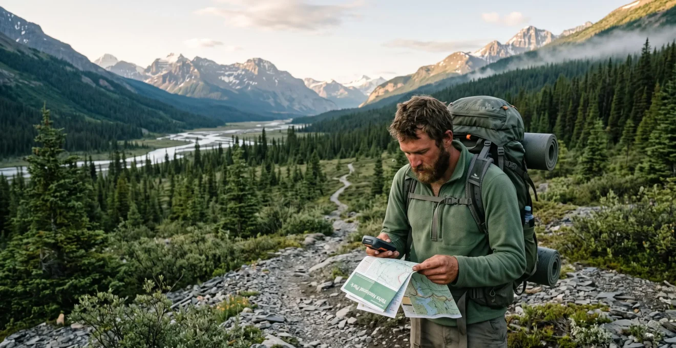 Randonneur consulte une carte et un GPS sur un sentier non balisé au cœur d'une vallée sauvage canadienne.