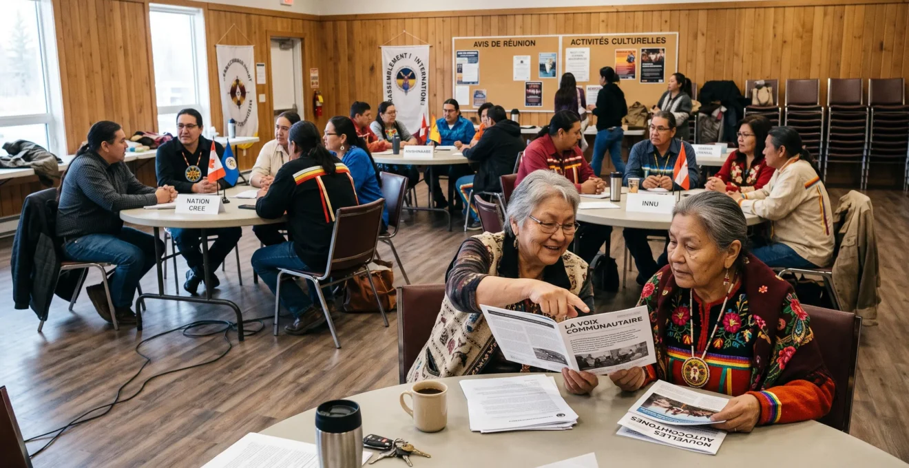 Groupes de personnes de différentes nations autochtones discutant autour de tables séparées dans une salle communautaire contemporaine au Canada.