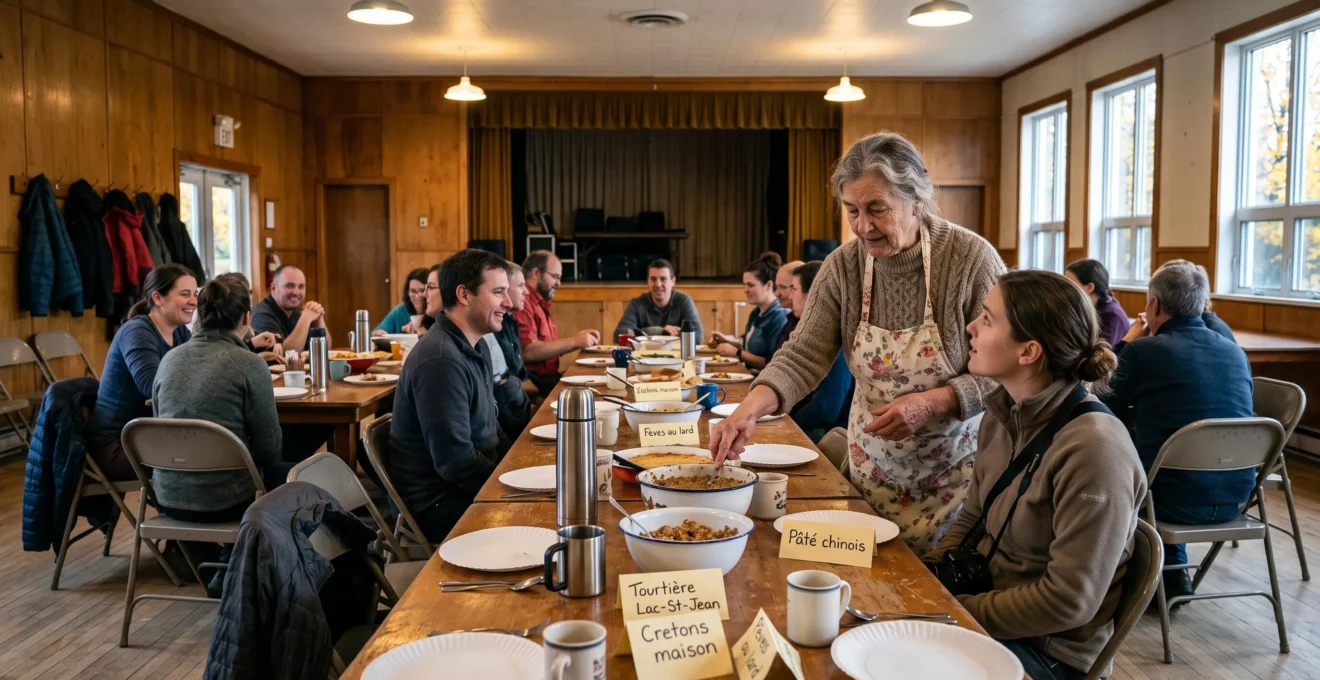 Des habitants et des visiteurs partagent un repas communautaire dans une salle de village canadienne, une femme locale expliquant un plat régional à un visiteur assis.