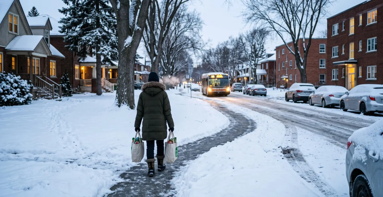 Un résident marche avec des sacs d'épicerie sur un trottoir enneigé d'un quartier canadien en fin de journée d'hiver.