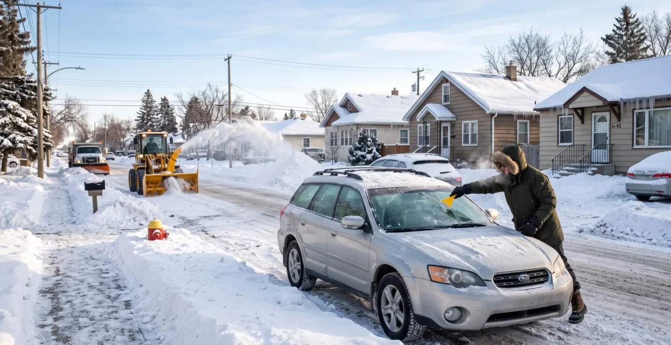Une personne gratte le givre sur le pare-brise de sa voiture dans une rue résidentielle canadienne enneigée par grand froid hivernal.