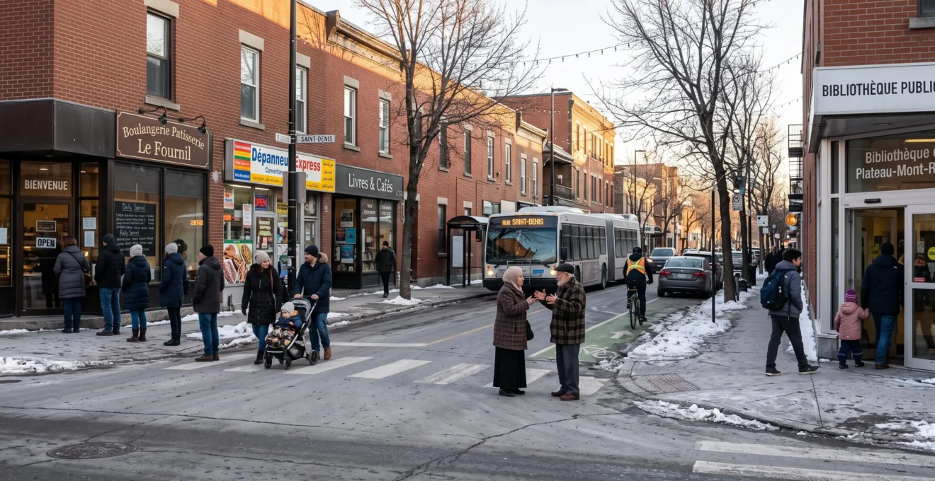 Passants d'origines variées marchant dans une rue commerciale d'un quartier canadien en hiver, devant des commerces aux enseignes bilingues et l'entrée d un centre communautaire.