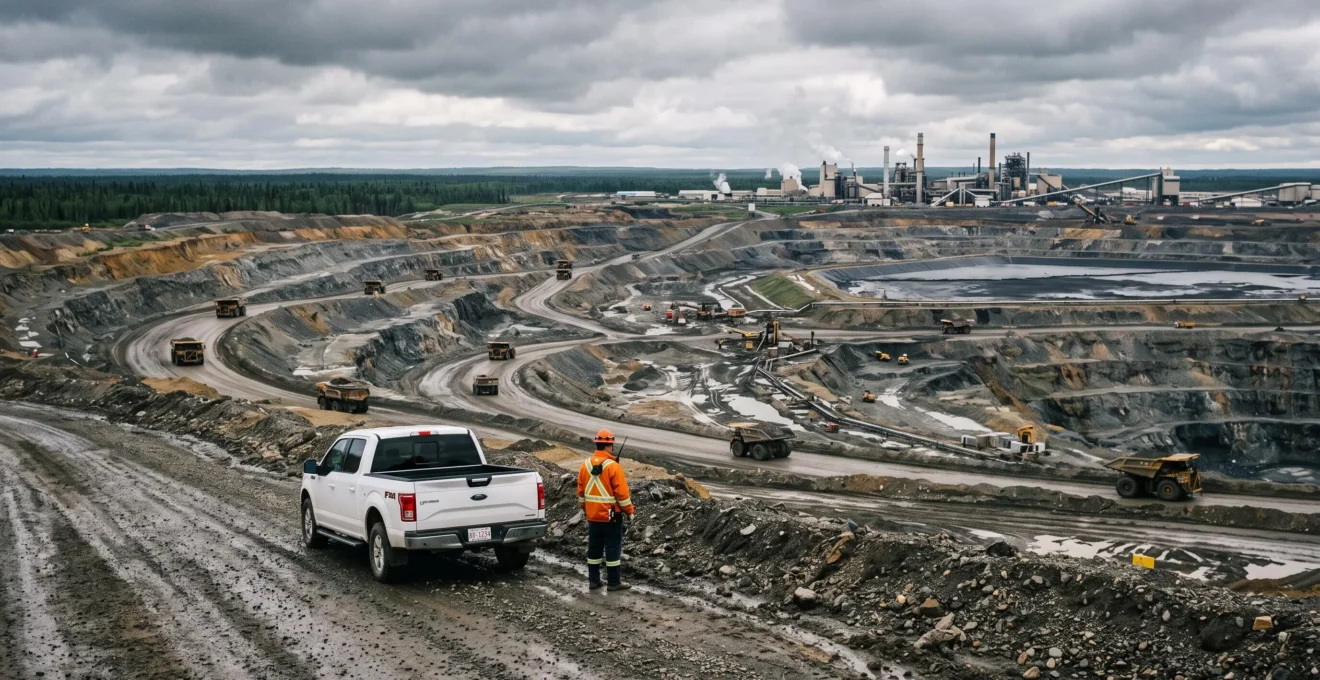 Site d'extraction de ressources naturelles au Canada avec camions industriels, un travailleur en gilet haute visibilité et la forêt boréale en arrière-plan.
