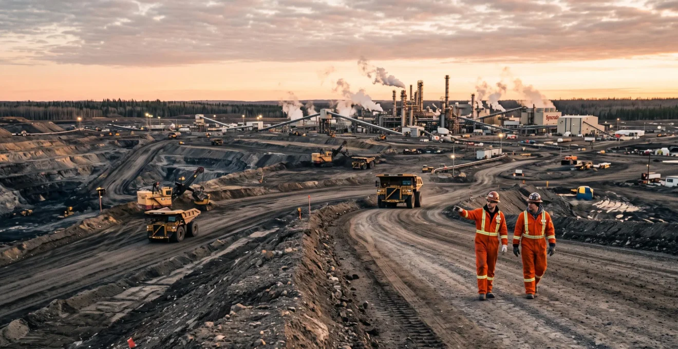 Deux travailleurs en couvre-technologie orange marchent sur une route de gravier dans un site d'extraction pétrolière albertain, avec camions lourds et installations de traitement sous un ciel nordique.