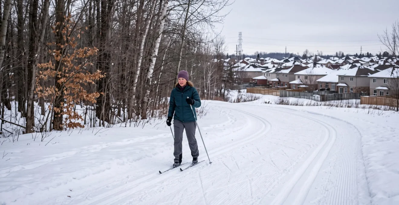 Une personne pratique le ski de fond sur une piste damée en bordure d'une ville canadienne en hiver.