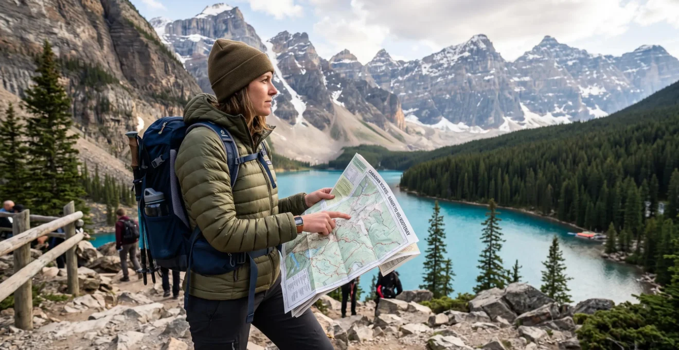Un voyageur consulte une carte topographique à un point de vue surplombant un lac glaciaire entouré de sommets des Rocheuses canadiennes.