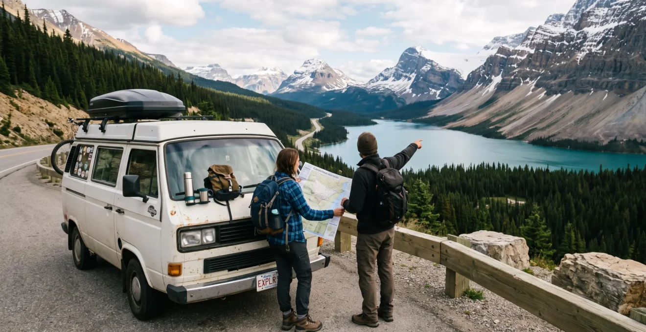 Deux voyageurs consultent une carte routière dépliée sur le capot de leur van garé devant un lac glaciaire entouré de montagnes rocheuses canadiennes.